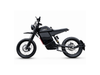 A black electric motorcycle with a sleek, minimalist design, featuring a large front headlight, spoked wheels, and a prominent battery pack mounted under the seat, shown against a plain white background.