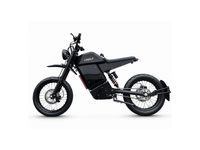 A black electric motorcycle with a sleek, minimalist design, featuring a large front headlight, spoked wheels, and a prominent battery pack mounted under the seat, shown against a plain white background.