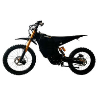 Black electric dirt bike with off-road tires, displayed against a white background.
